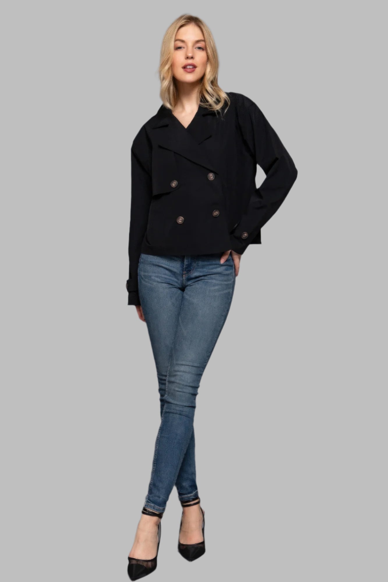 Black Double Breasted Short Trench Jacket - Tigbul's Variety Fashion Shop