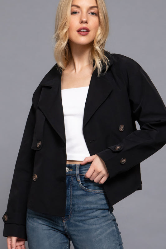 Black Double Breasted Short Trench Jacket - Tigbul's Variety Fashion Shop
