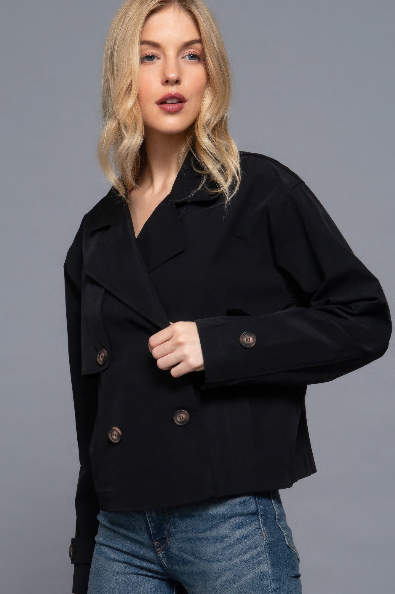 Black Double Breasted Short Trench Jacket - Tigbul's Variety Fashion Shop