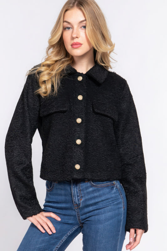 Black Long Sleeve Teddy Fleece Short Jacket - Tigbul's Variety Fashion Shop