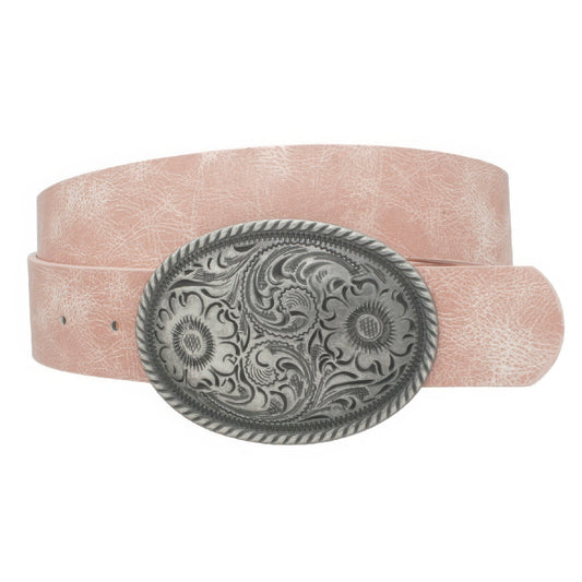 Flower Embossed Oval Buckle Vintage Strap Belt - Tigbul's Variety Fashion Shop