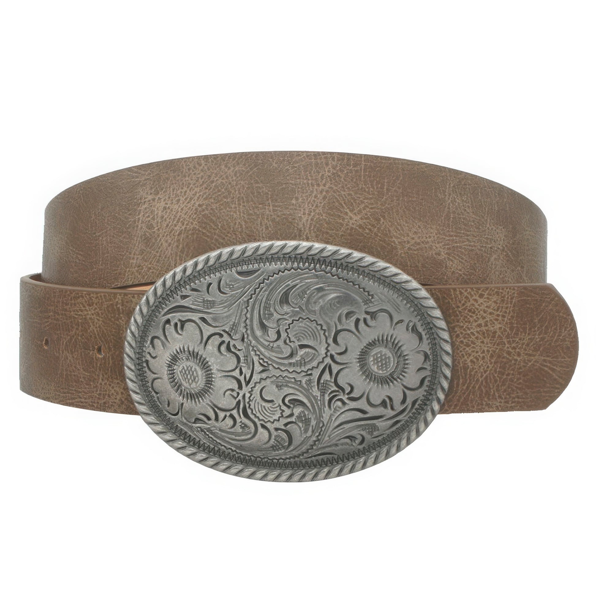 Flower Embossed Oval Buckle Vintage Strap Belt - Tigbul's Variety Fashion Shop