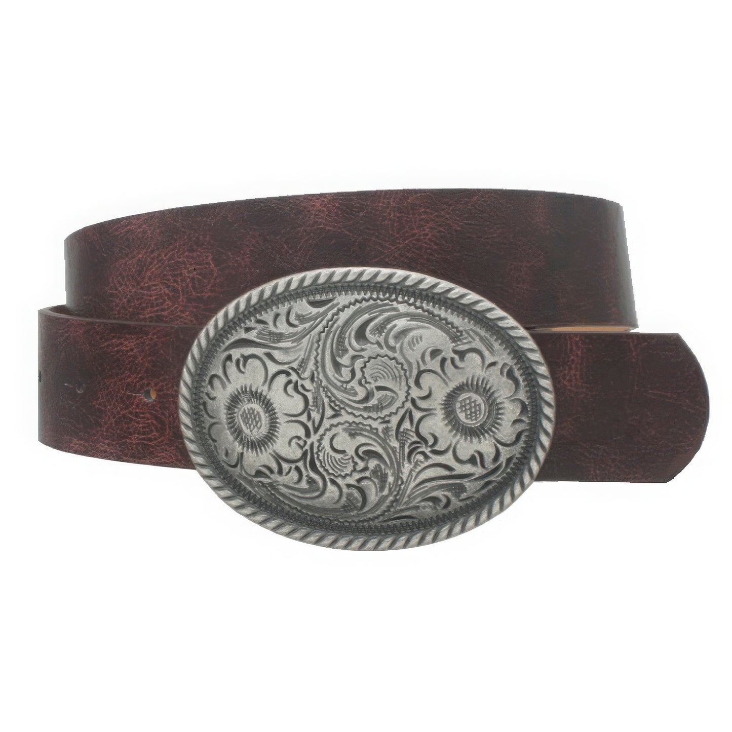 Flower Embossed Oval Buckle Vintage Strap Belt - Tigbul's Variety Fashion Shop