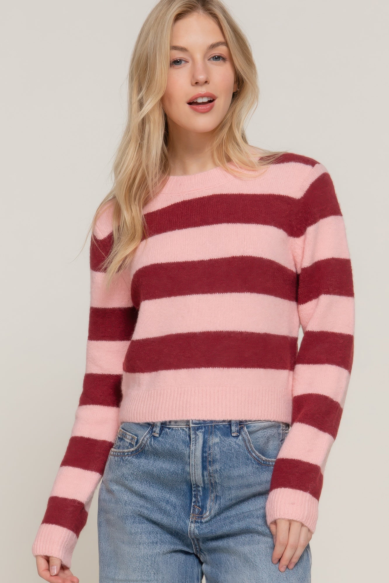 Long Sleeve Crew Neck Pink Stripe Sweater - Tigbul's Variety Fashion Shop