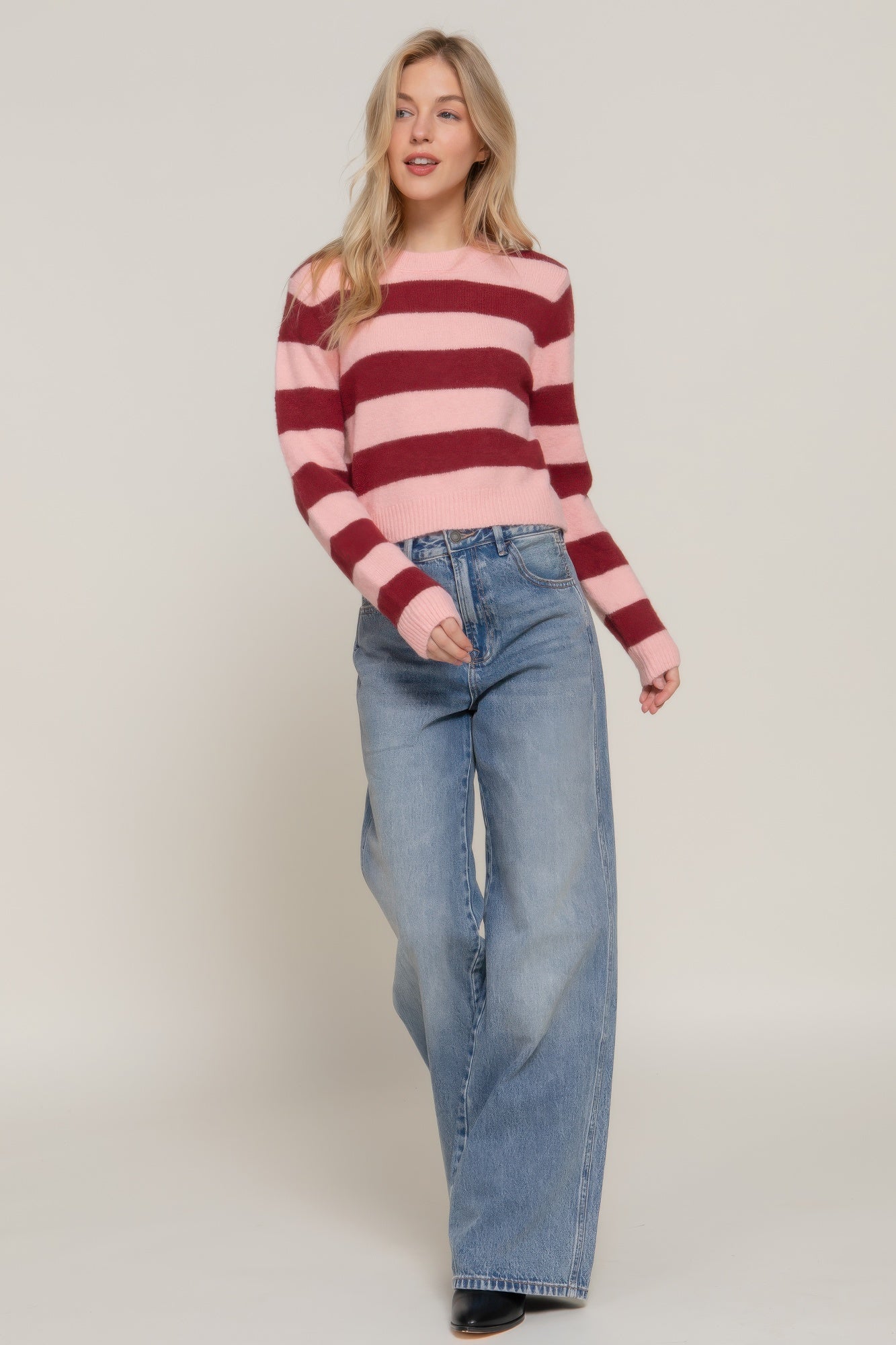Long Sleeve Crew Neck Pink Stripe Sweater - Tigbul's Variety Fashion Shop