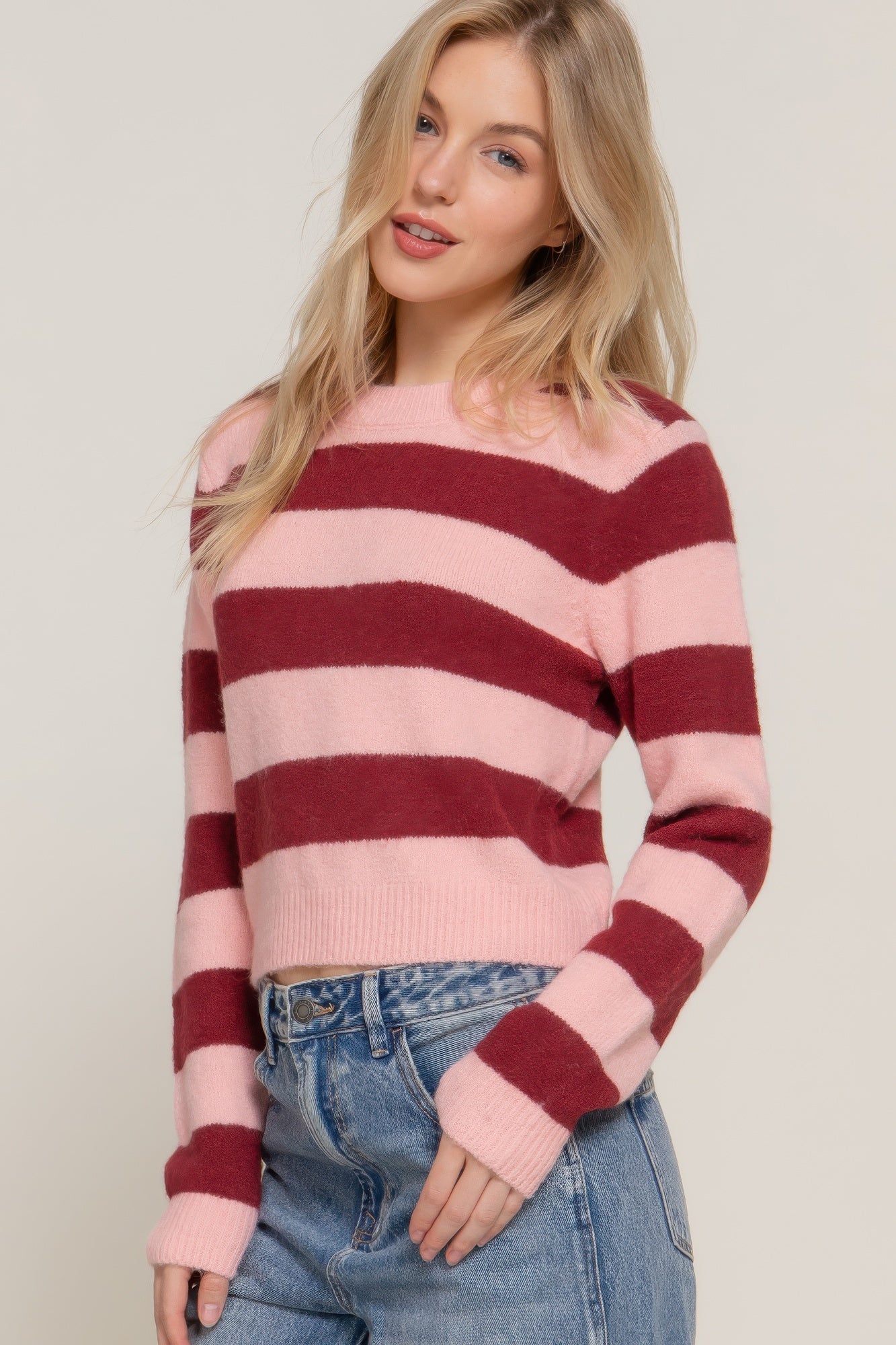 Long Sleeve Crew Neck Pink Stripe Sweater - Tigbul's Variety Fashion Shop