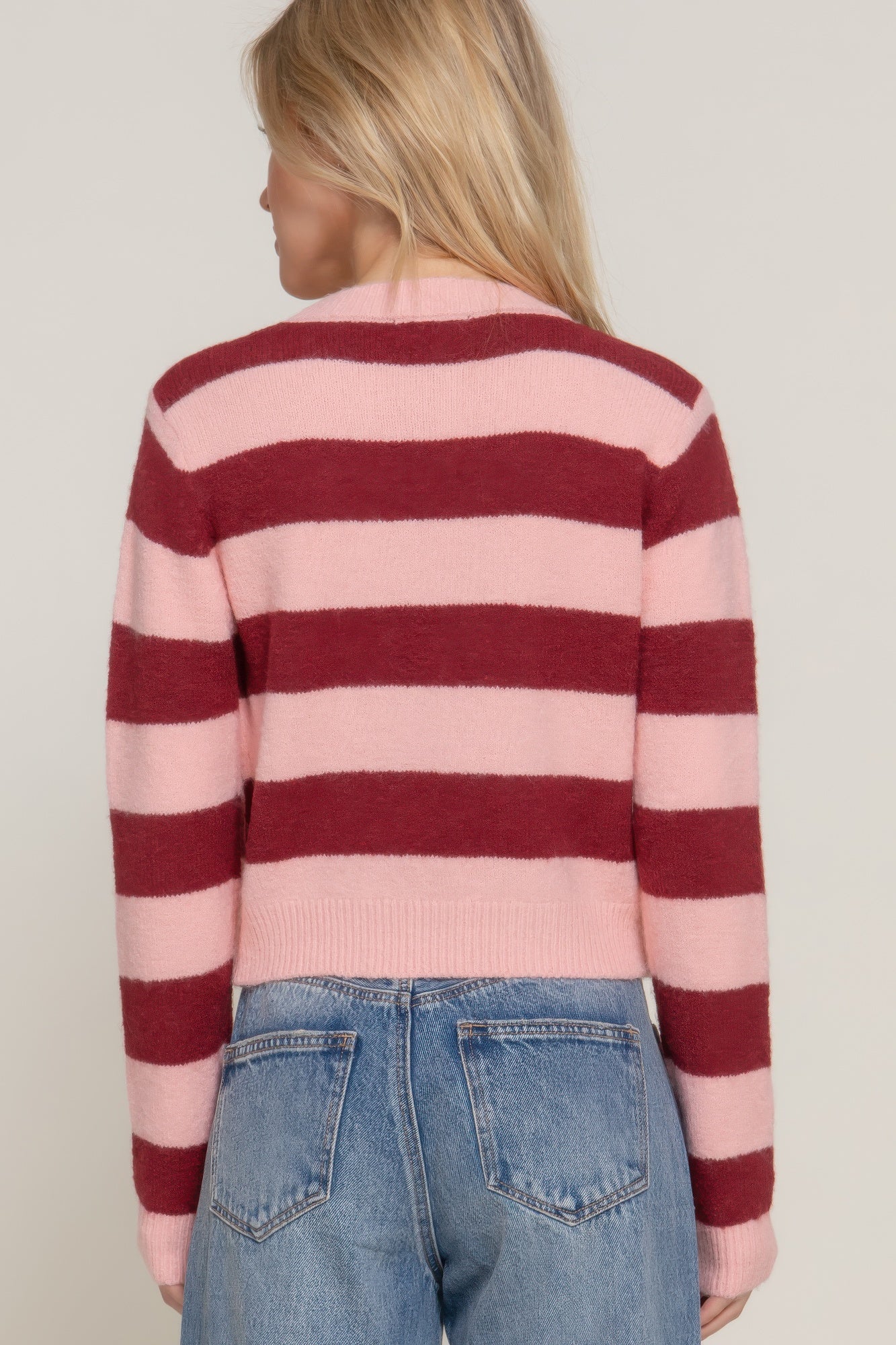 Long Sleeve Crew Neck Pink Stripe Sweater - Tigbul's Variety Fashion Shop