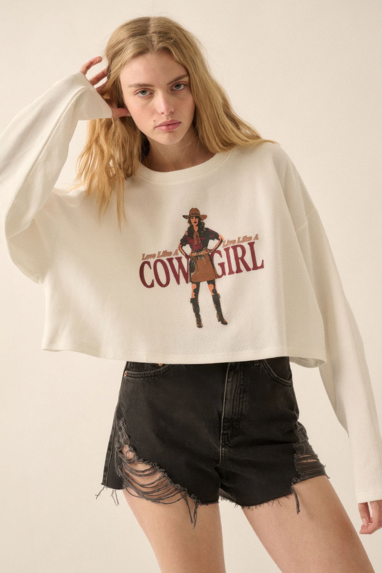 Love like a cowgirl thermal graphic sweatshirt - Tigbul's Variety Fashion Shop