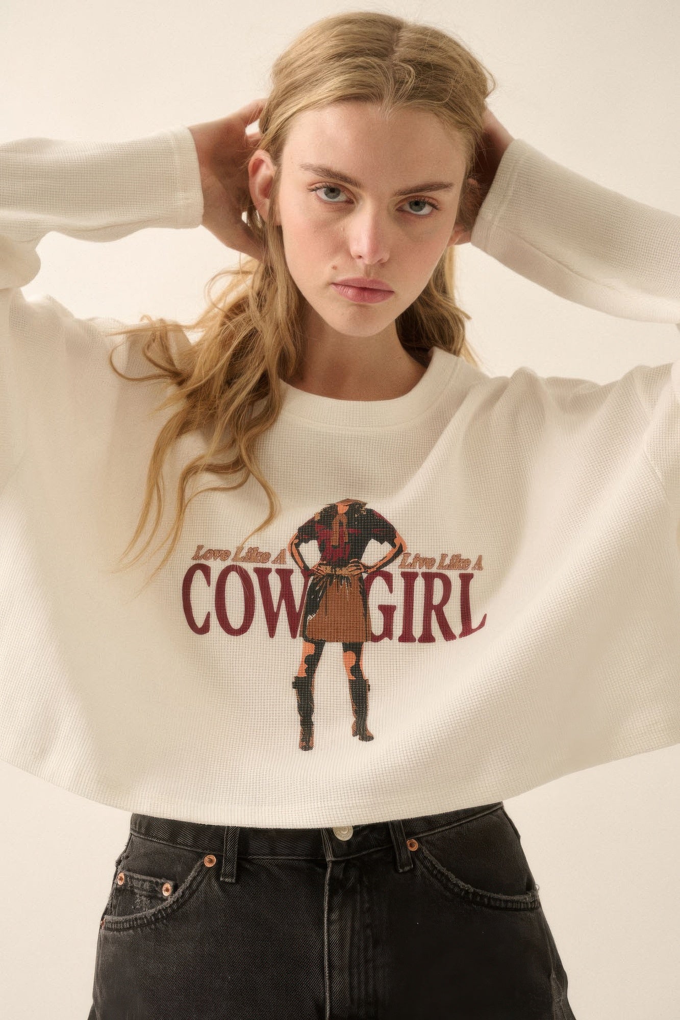 Love like a cowgirl thermal graphic sweatshirt - Tigbul's Variety Fashion Shop
