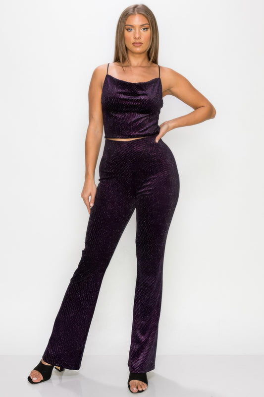 Glittery Flare High-rise Elastic Pants - Tigbul's Variety Fashion Shop