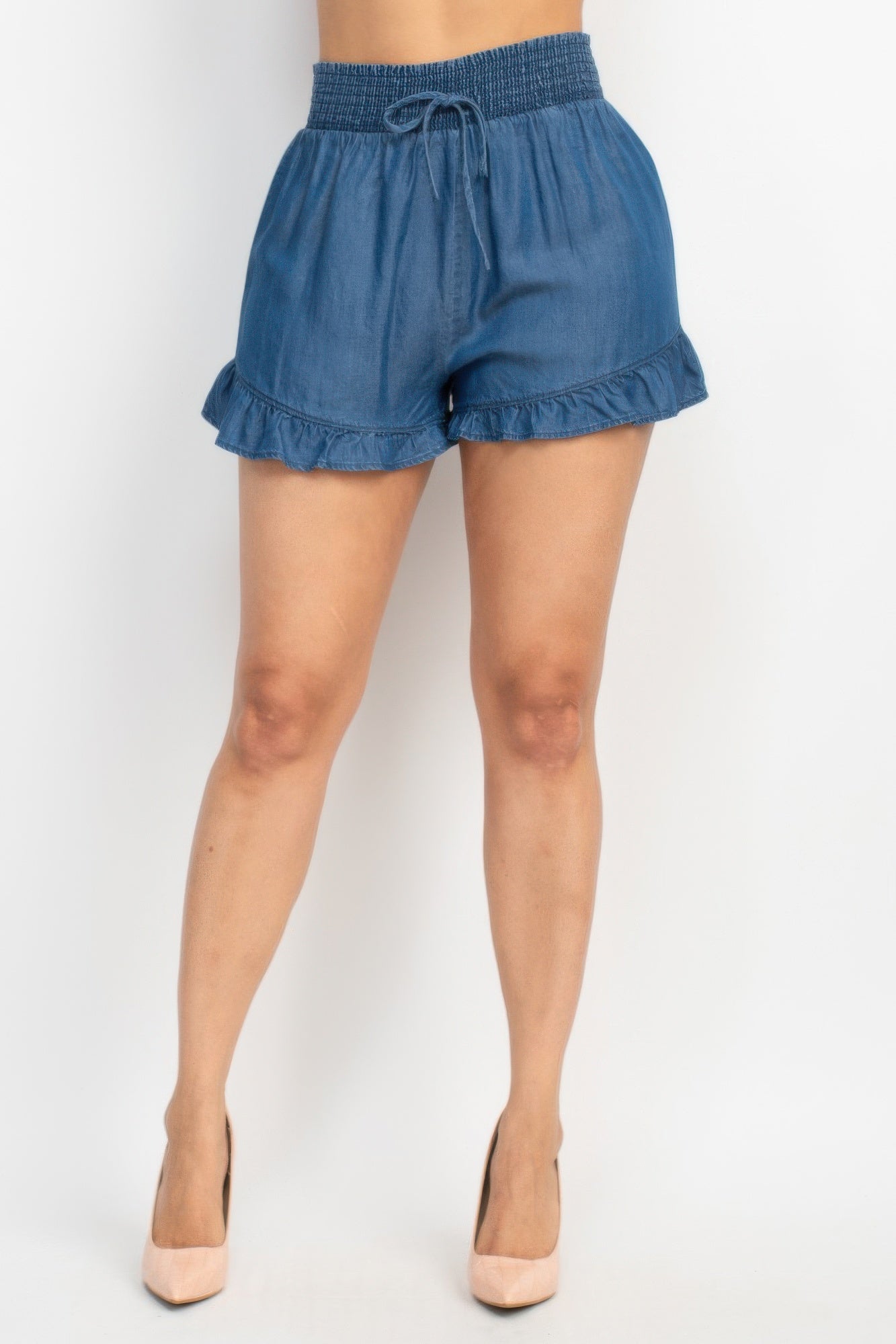 Smocked Waist Ruffled Denim Shorts - Tigbul's Variety Fashion Shop