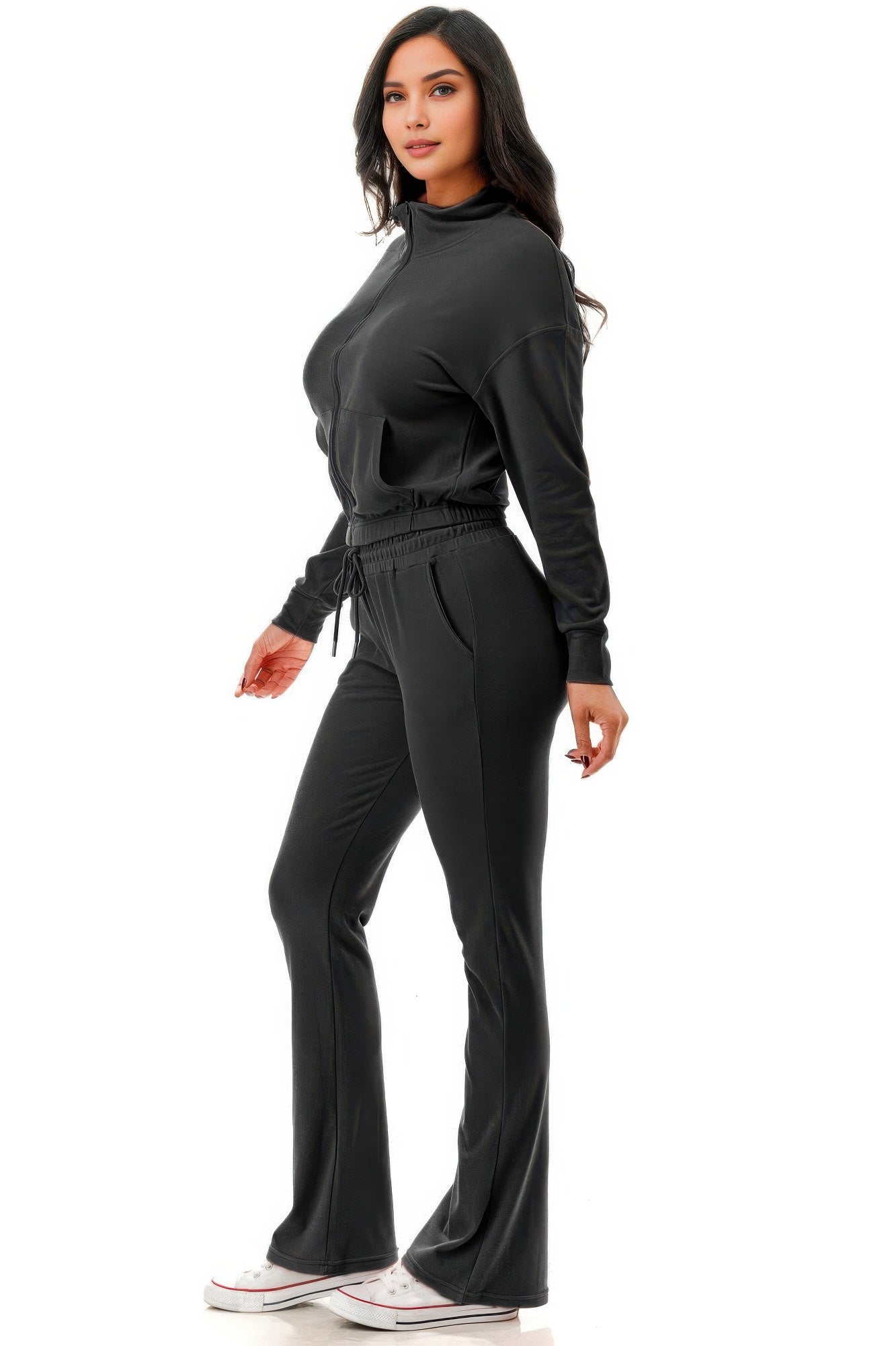 Thermal Crop Jacket With Flare Pants Set - Tigbul's Variety Fashion Shop