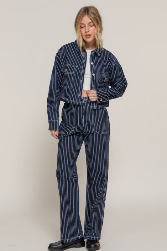 Button Down Stripe Denim Short Jacket - Tigbul's Variety Fashion Shop