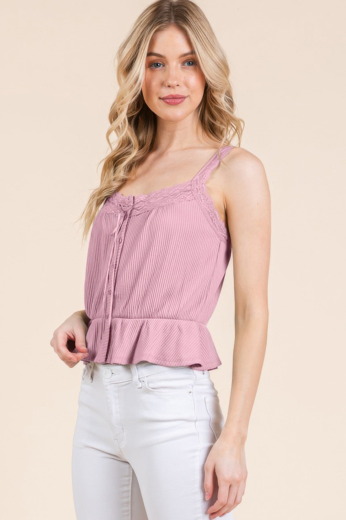 Lace Peplum Tie Front Ribbed Cami Top - Tigbul's Variety Fashion Shop