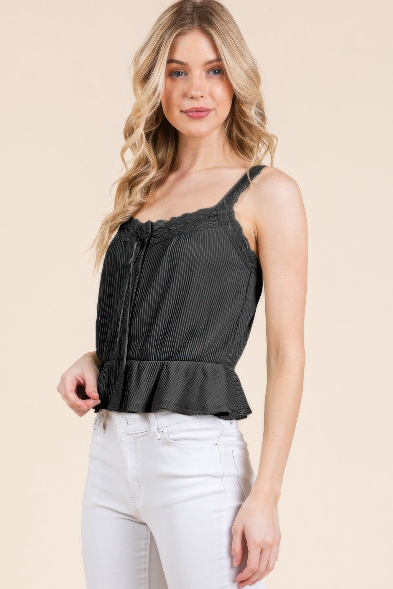 Lace Peplum Tie Front Ribbed Cami Top - Tigbul's Variety Fashion Shop