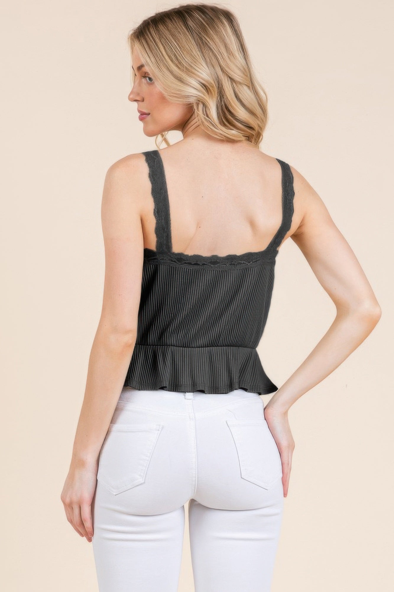 Lace Peplum Tie Front Ribbed Cami Top - Tigbul's Variety Fashion Shop