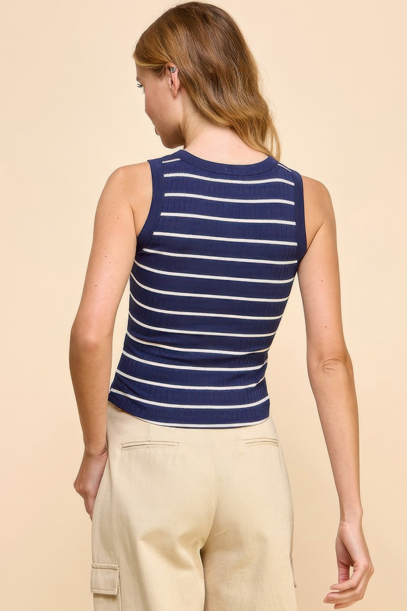 Button Detail Contrast Binding Stripe Tank Top - Tigbul's Variety Fashion Shop