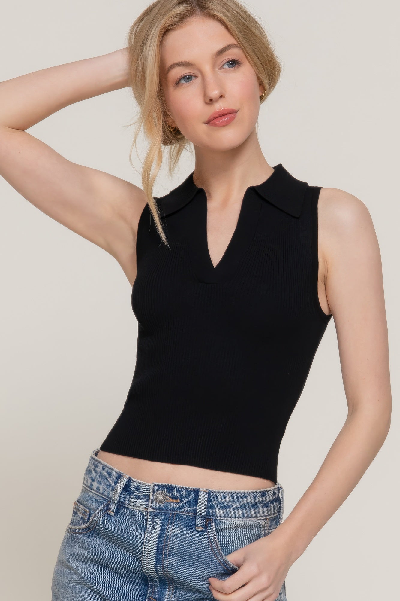 Sleeveless Polo Spring Sweater - Tigbul's Variety Fashion Shop