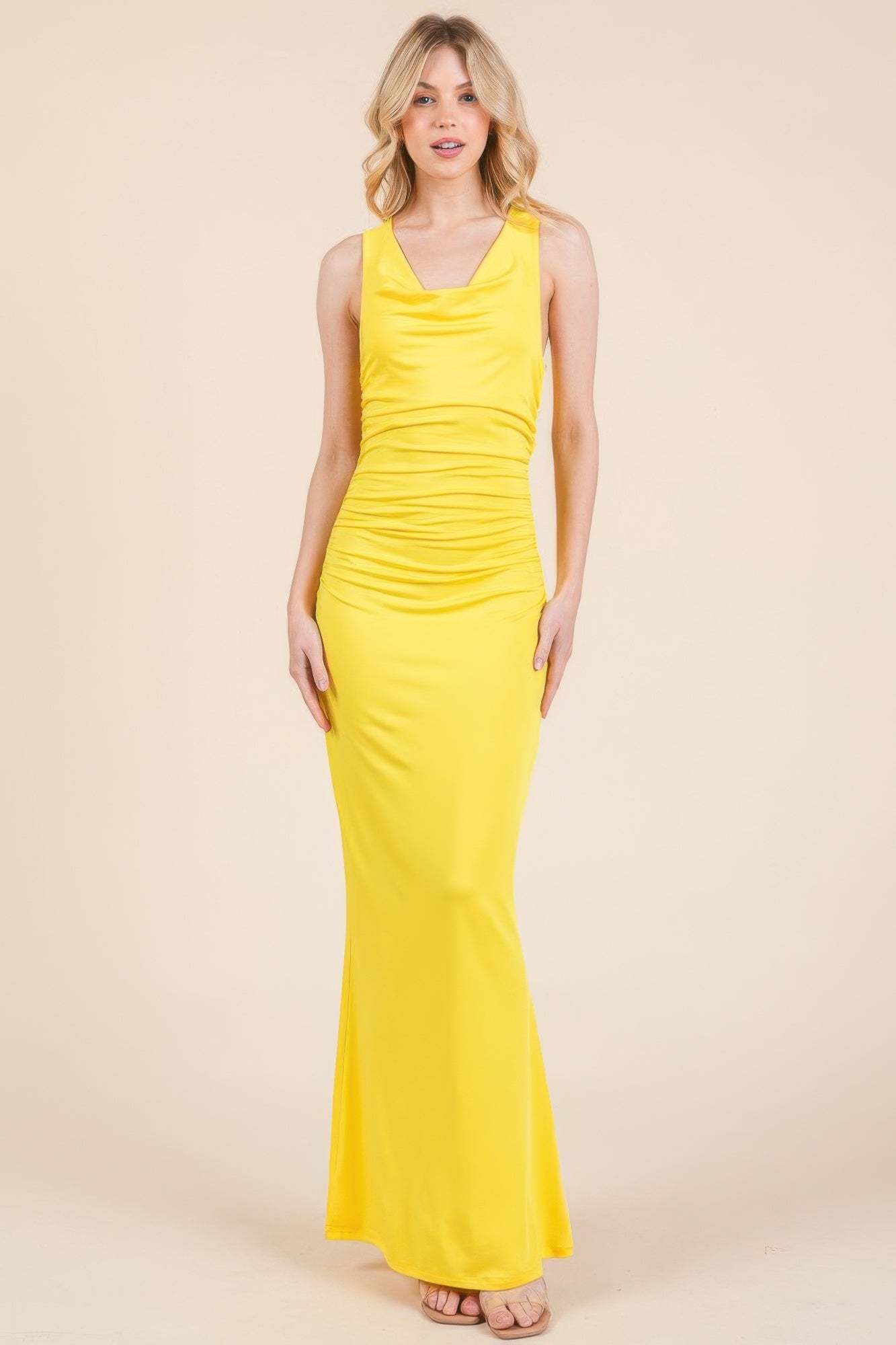 Cowl Neck Cross Back Shirring Maxi Dress - Tigbul's Variety Fashion Shop