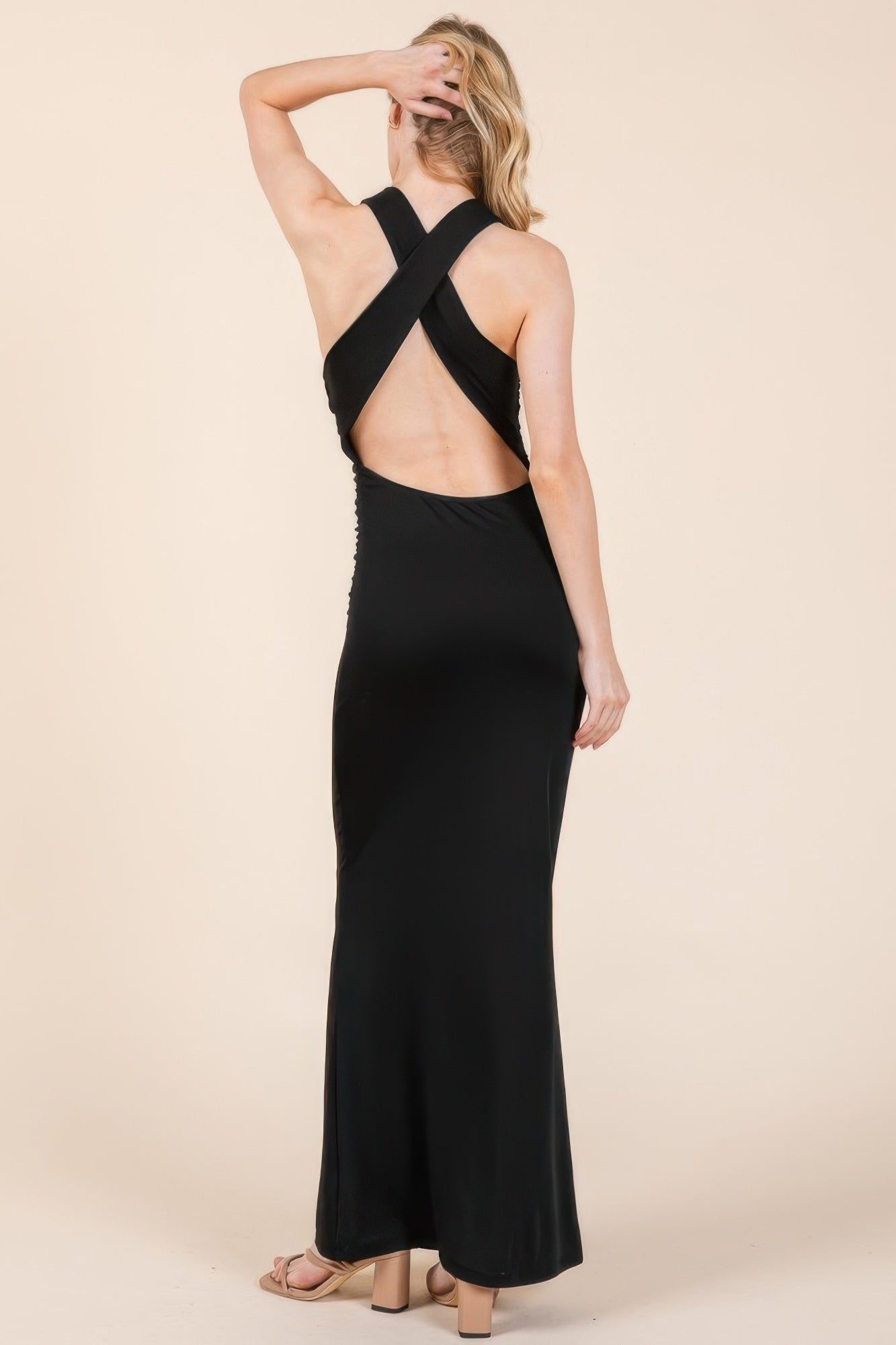 Cowl Neck Cross Back Shirring Maxi Dress - Tigbul's Variety Fashion Shop