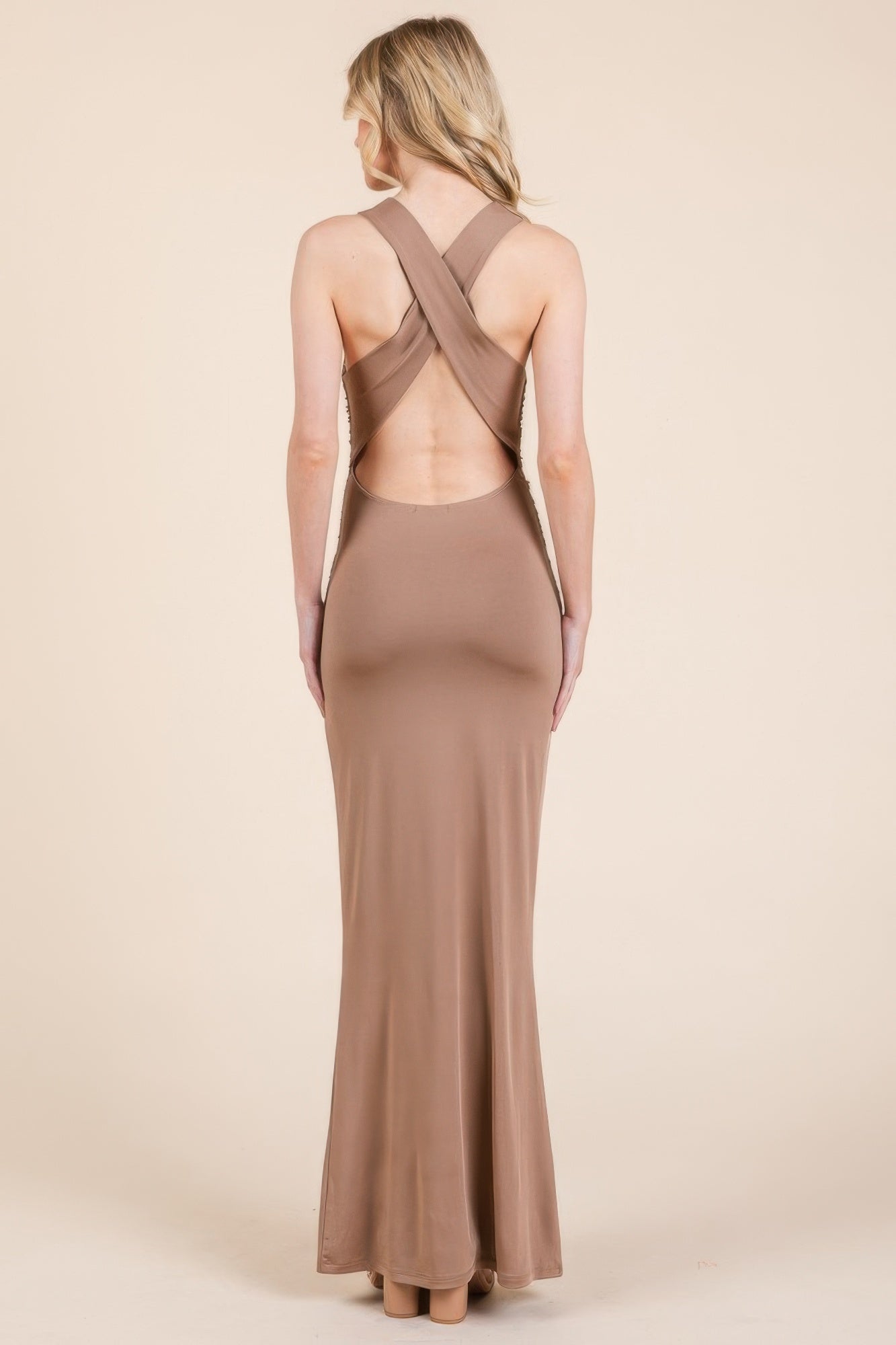 Cowl Neck Cross Back Shirring Maxi Dress - Tigbul's Variety Fashion Shop
