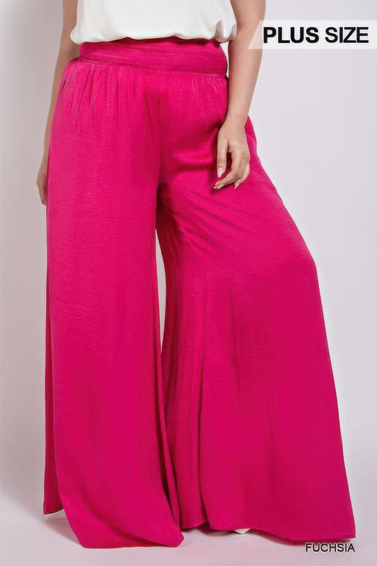 Washed Satin Wide Pants With Waist Smocked - Tigbul's Variety Fashion Shop