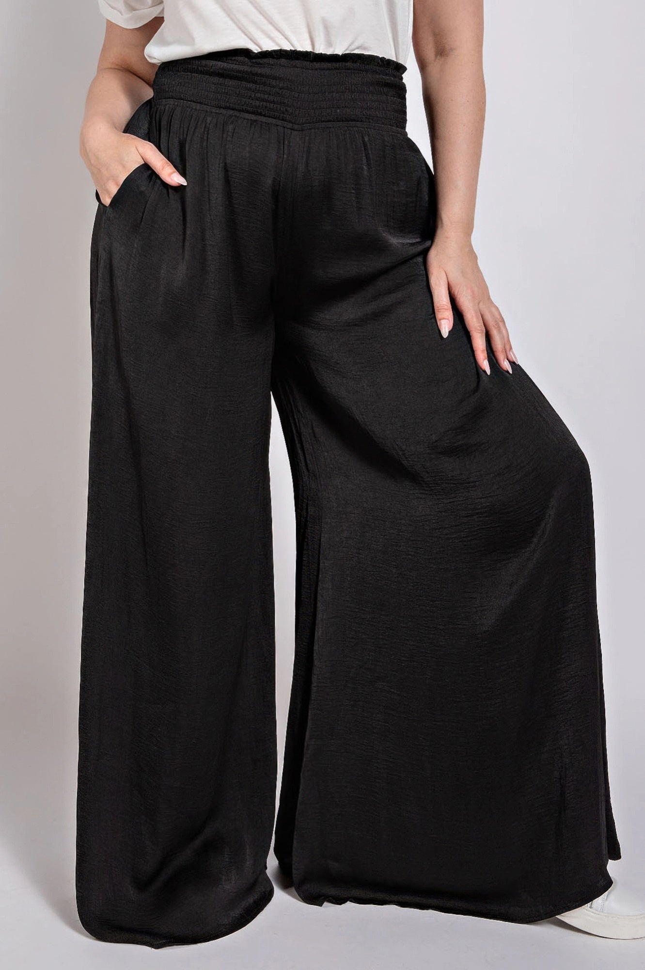 Washed Satin Wide Pants With Waist Smocked - Tigbul's Variety Fashion Shop