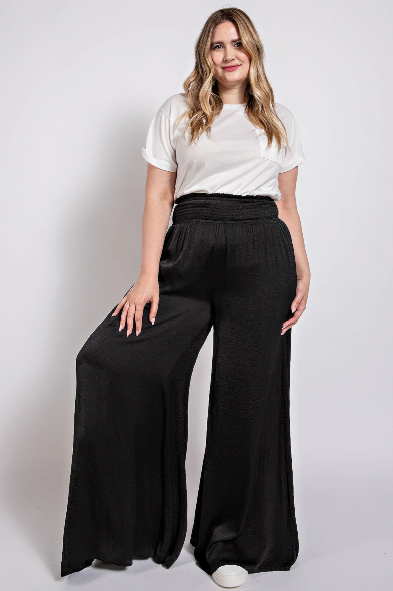 Washed Satin Wide Pants With Waist Smocked - Tigbul's Variety Fashion Shop