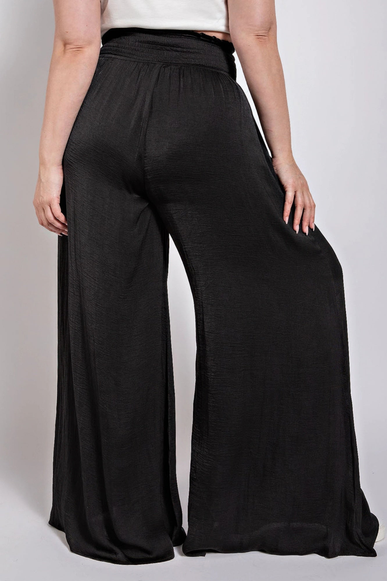 Washed Satin Wide Pants With Waist Smocked - Tigbul's Variety Fashion Shop