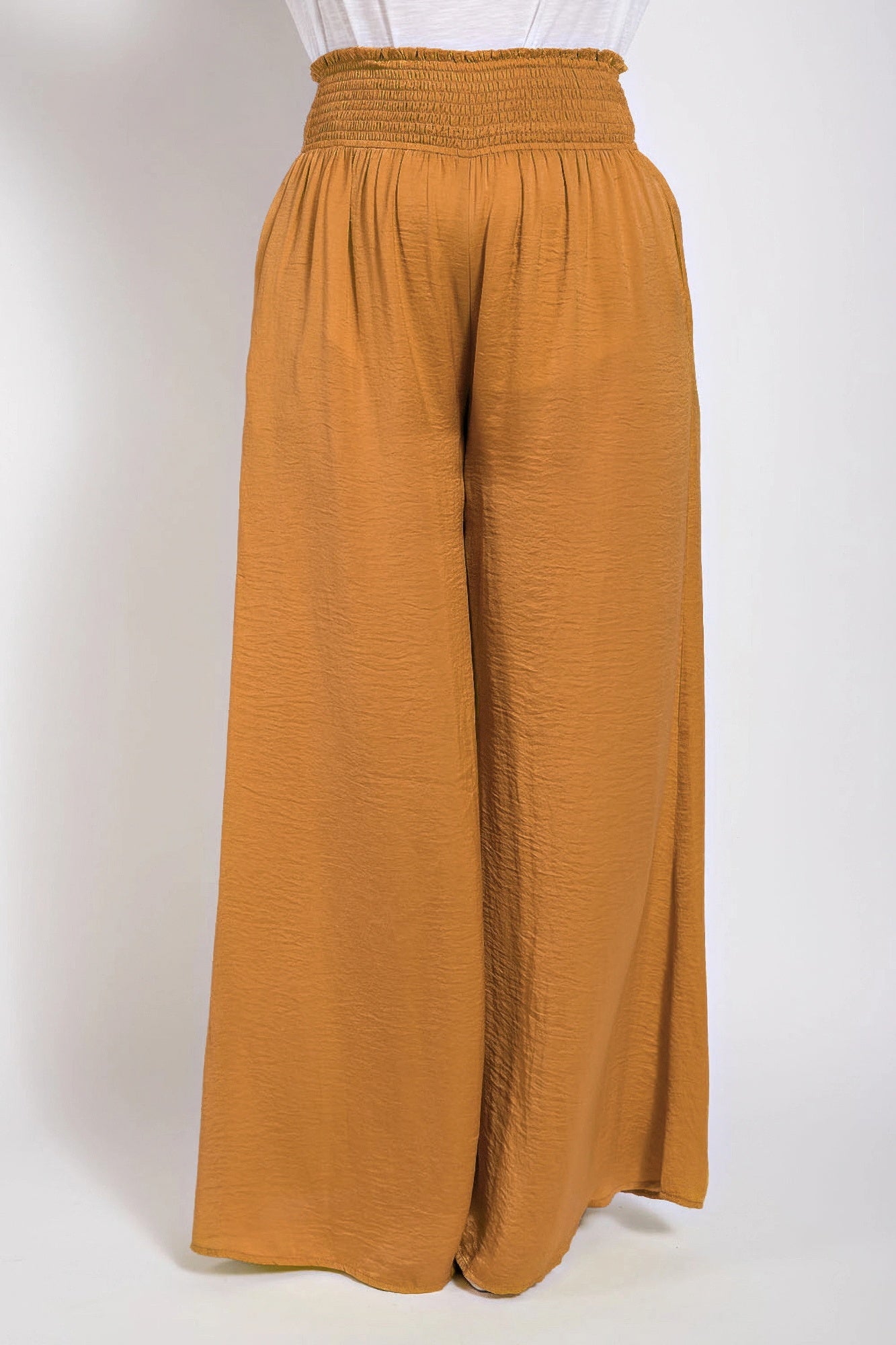 Washed Satin Wide Pants With Waist Smocked - Tigbul's Variety Fashion Shop