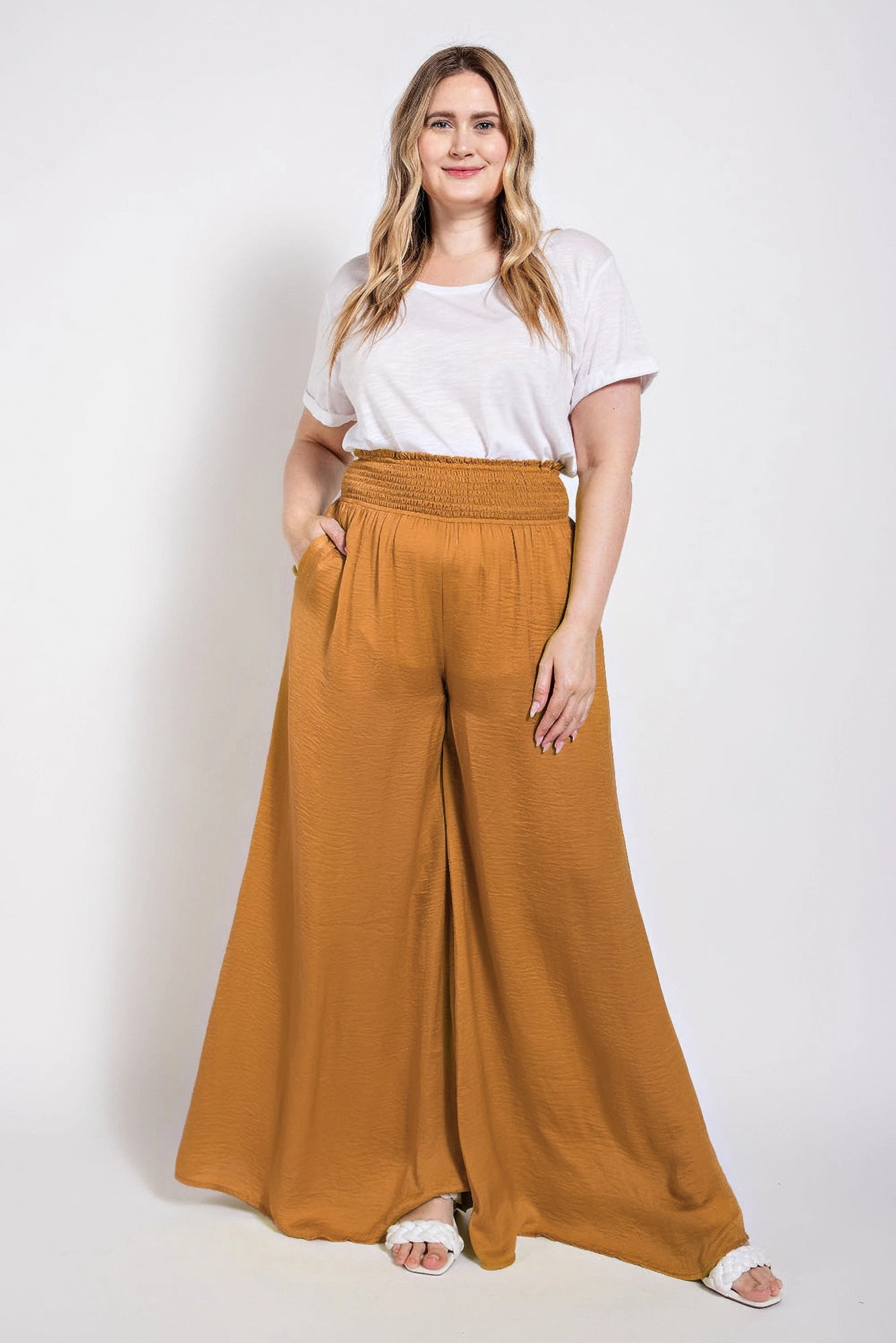Washed Satin Wide Pants With Waist Smocked - Tigbul's Variety Fashion Shop