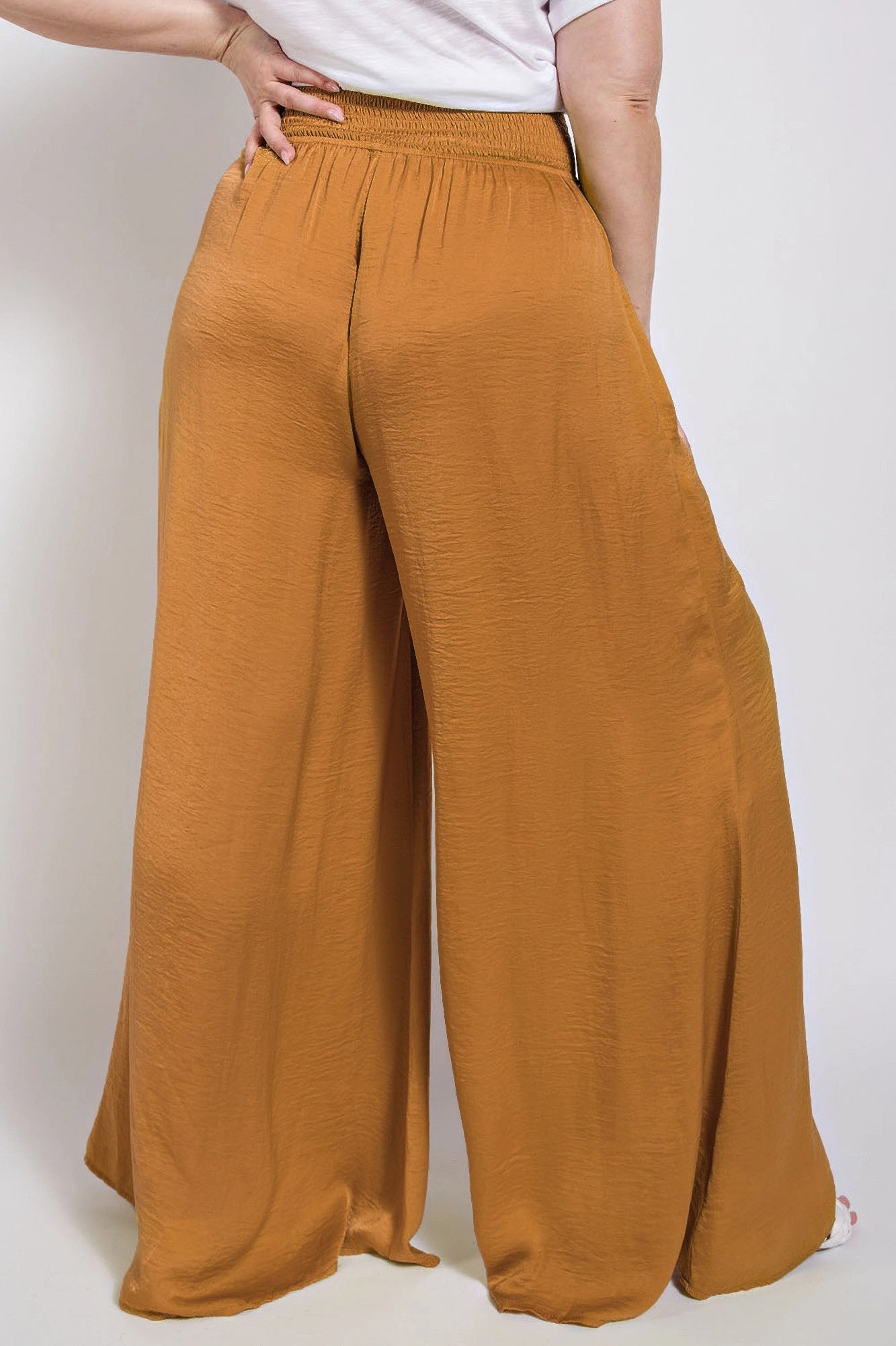 Washed Satin Wide Pants With Waist Smocked - Tigbul's Variety Fashion Shop