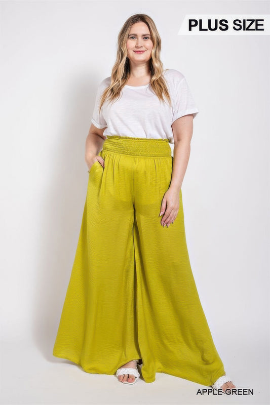 Washed Satin Wide Pants With Waist Smocked - Tigbul's Variety Fashion Shop