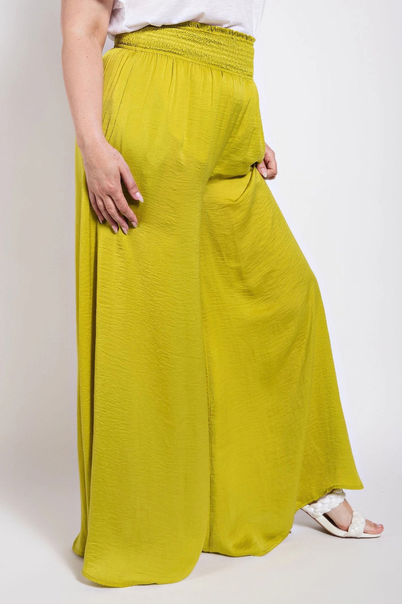 Washed Satin Wide Pants With Waist Smocked - Tigbul's Variety Fashion Shop