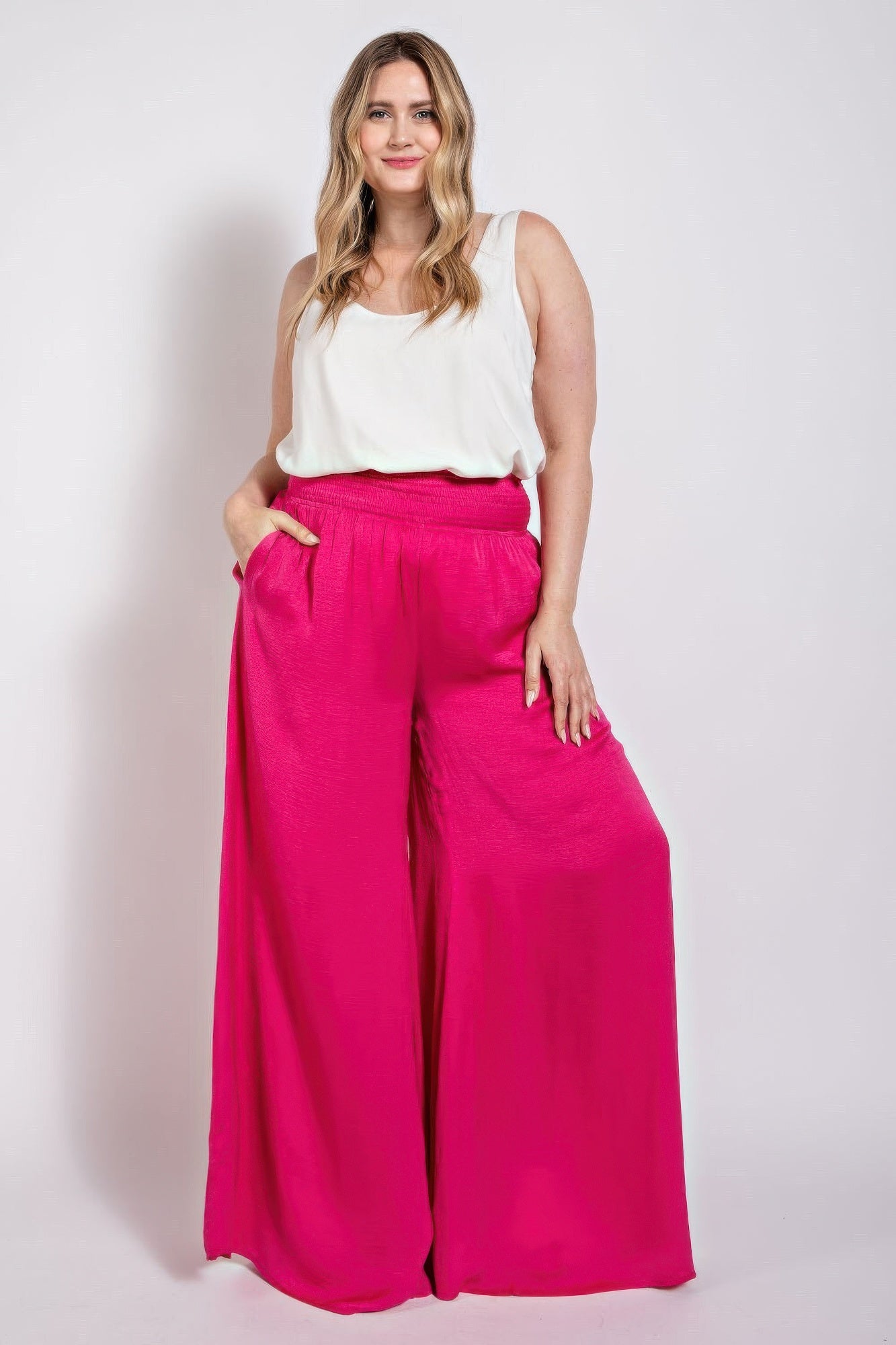Washed Satin Wide Pants With Waist Smocked - Tigbul's Variety Fashion Shop