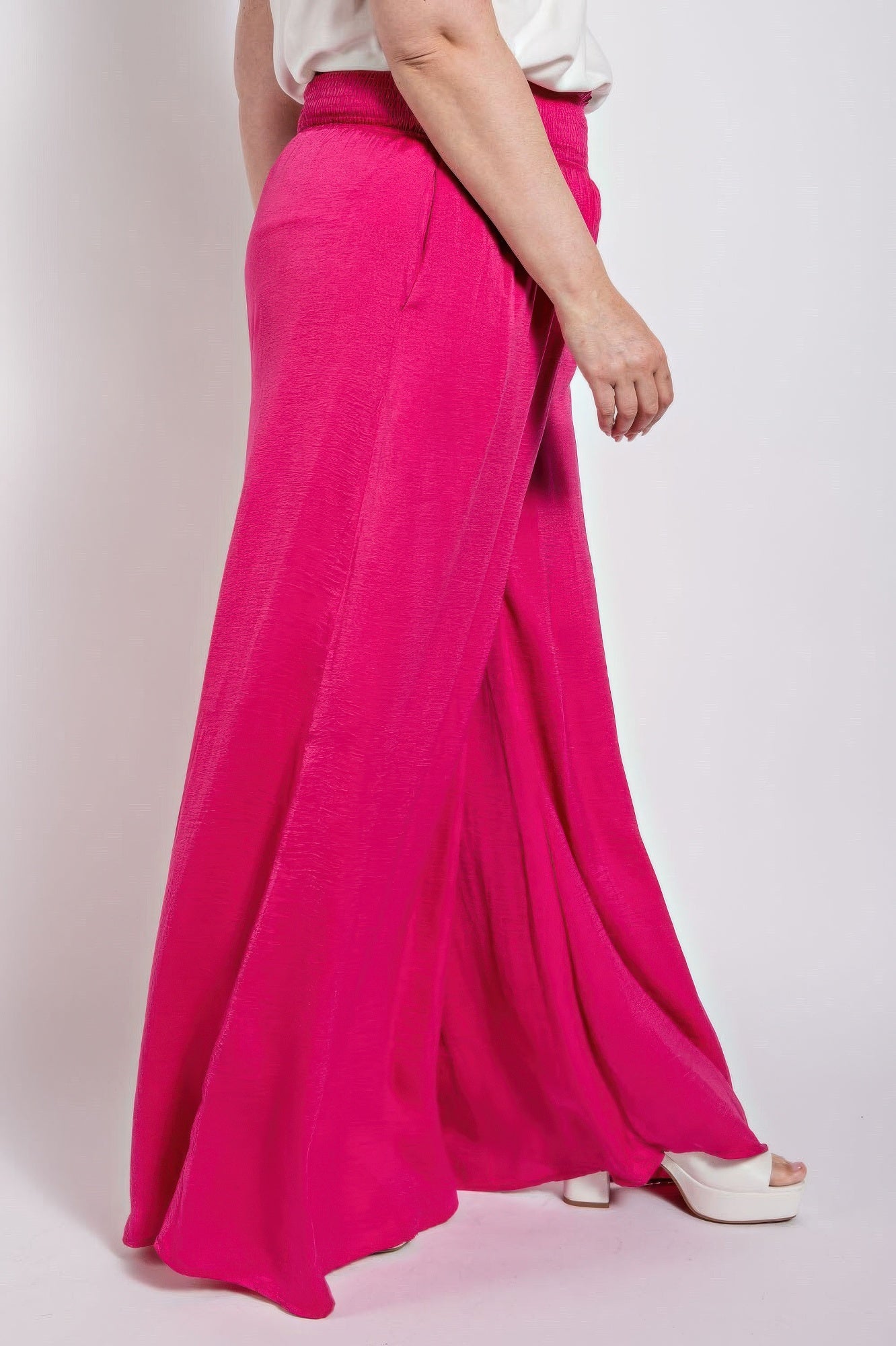 Washed Satin Wide Pants With Waist Smocked - Tigbul's Variety Fashion Shop
