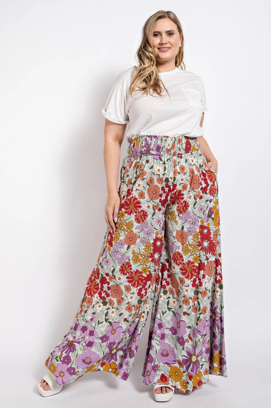 Flare Wide Leg And Waist Smocked Pants With Side Pocket - Tigbul's Variety Fashion Shop