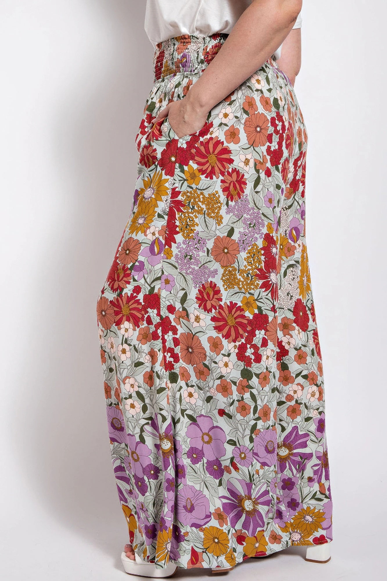 Flare Wide Leg And Waist Smocked Pants With Side Pocket - Tigbul's Variety Fashion Shop