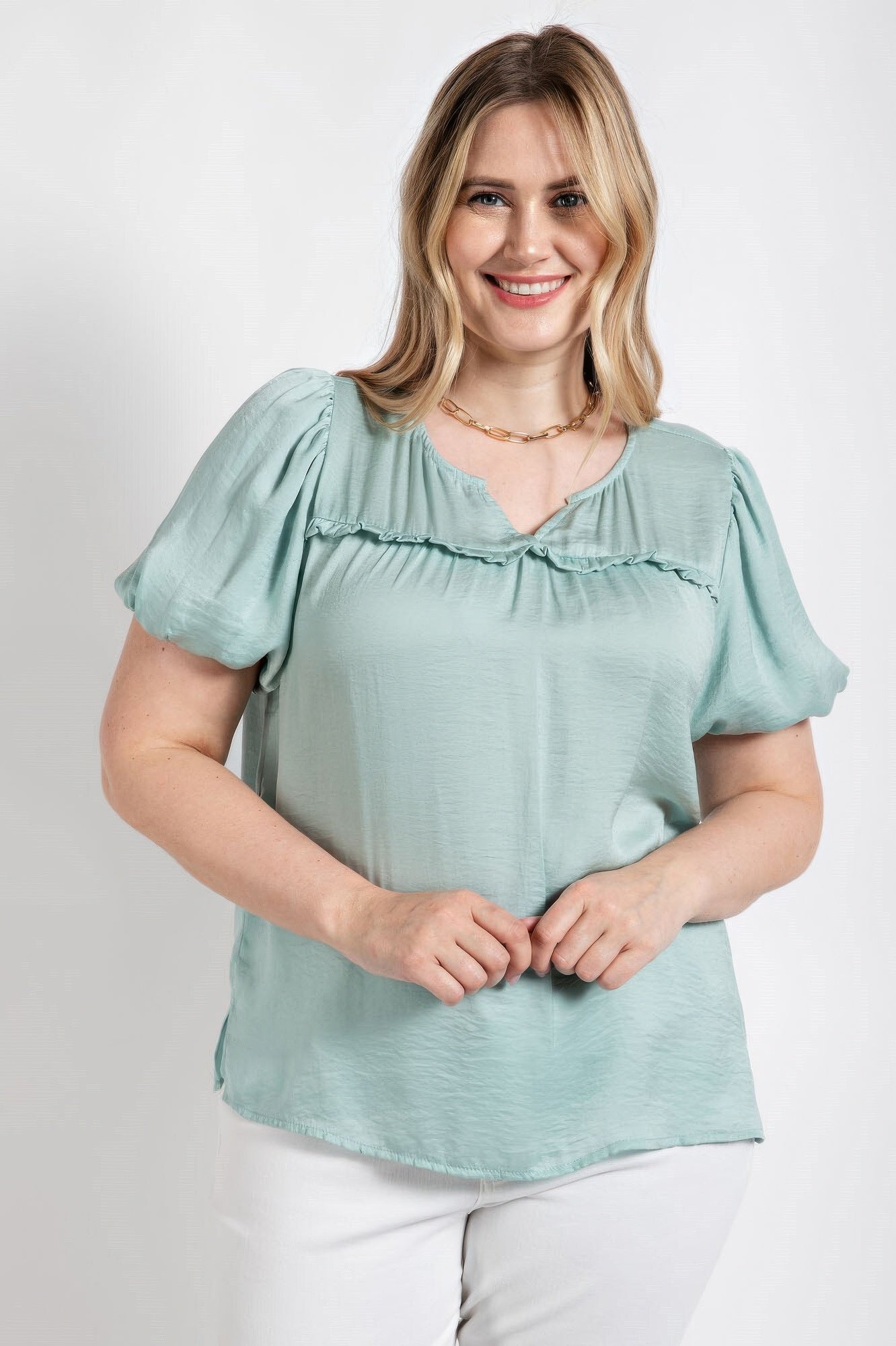 Satin Top With Ruffle Yoke And Puff Sleeves - Tigbul's Variety Fashion Shop