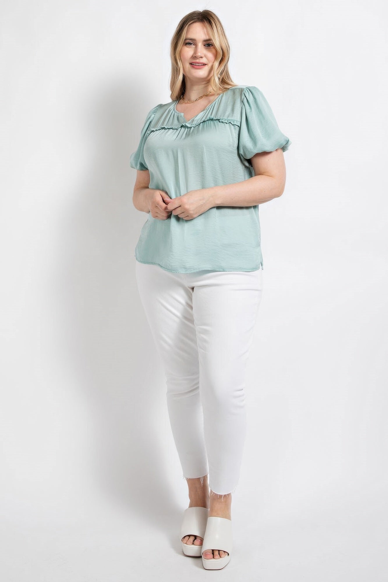 Satin Top With Ruffle Yoke And Puff Sleeves - Tigbul's Variety Fashion Shop