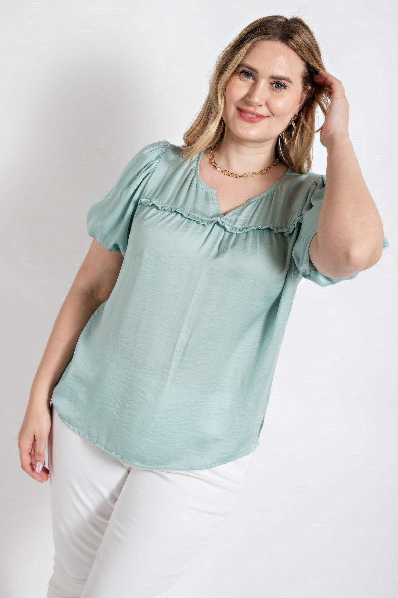 Satin Top With Ruffle Yoke And Puff Sleeves - Tigbul's Variety Fashion Shop