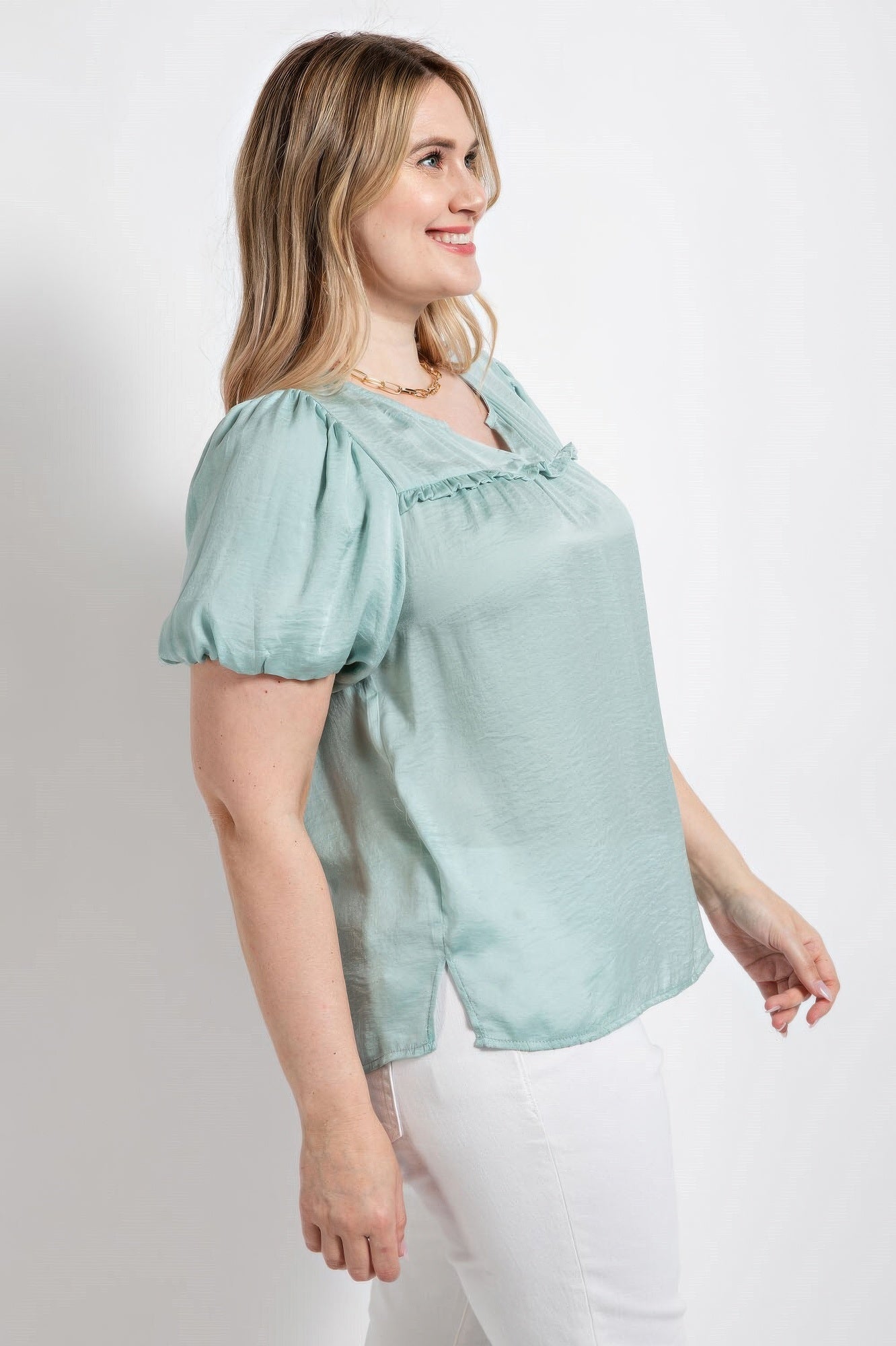 Satin Top With Ruffle Yoke And Puff Sleeves - Tigbul's Variety Fashion Shop