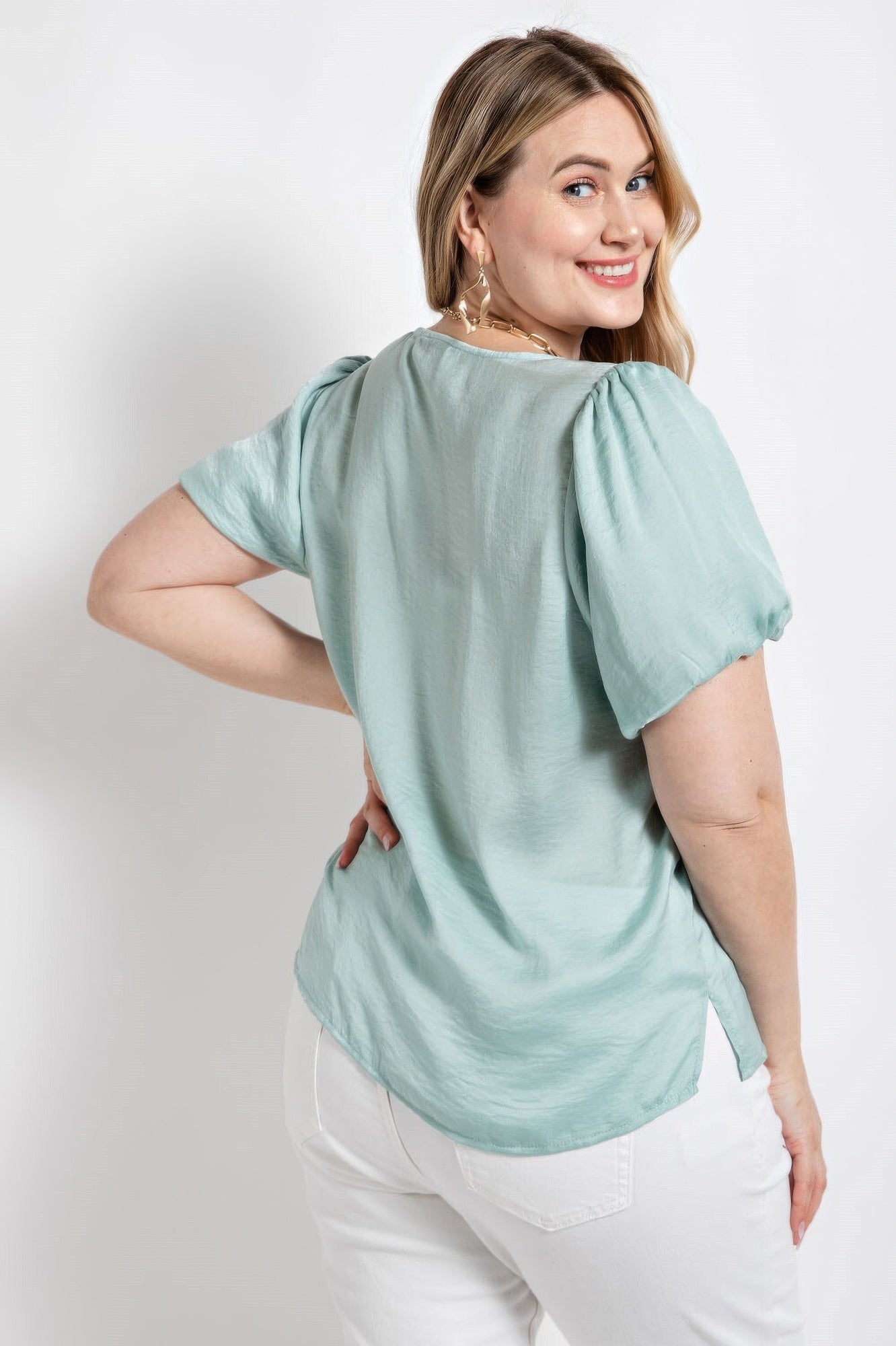 Satin Top With Ruffle Yoke And Puff Sleeves - Tigbul's Variety Fashion Shop