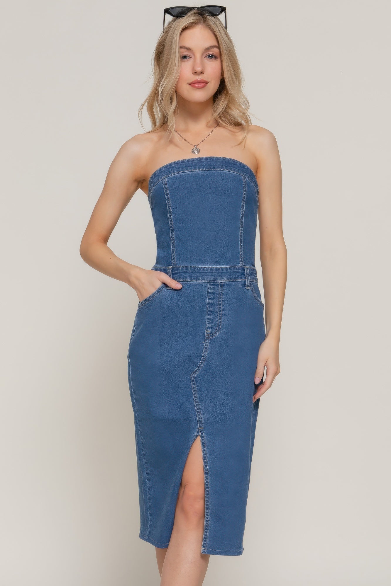 Stretch Denim Slit Tube Dress - Tigbul's Variety Fashion Shop