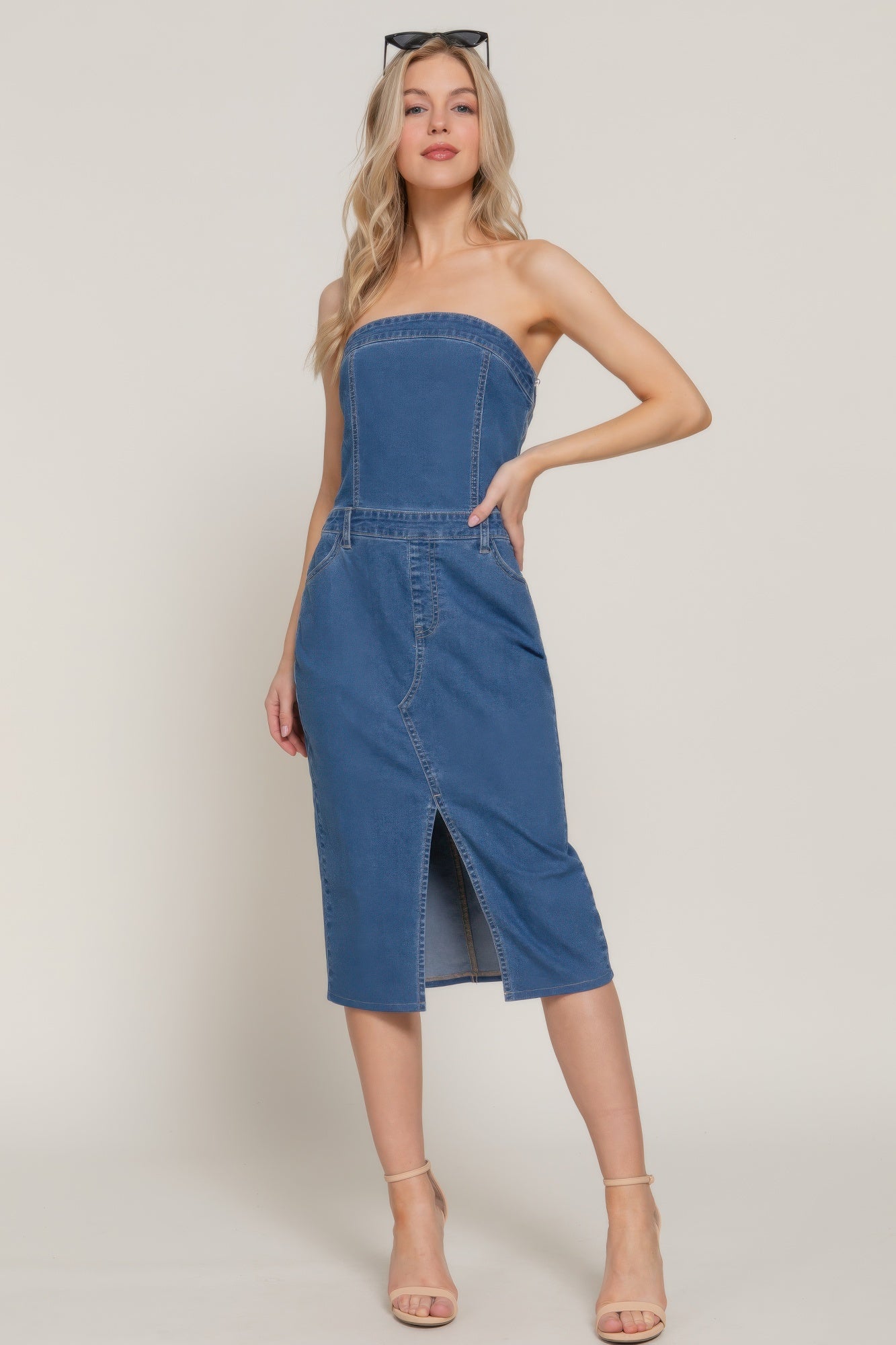 Stretch Denim Slit Tube Dress - Tigbul's Variety Fashion Shop