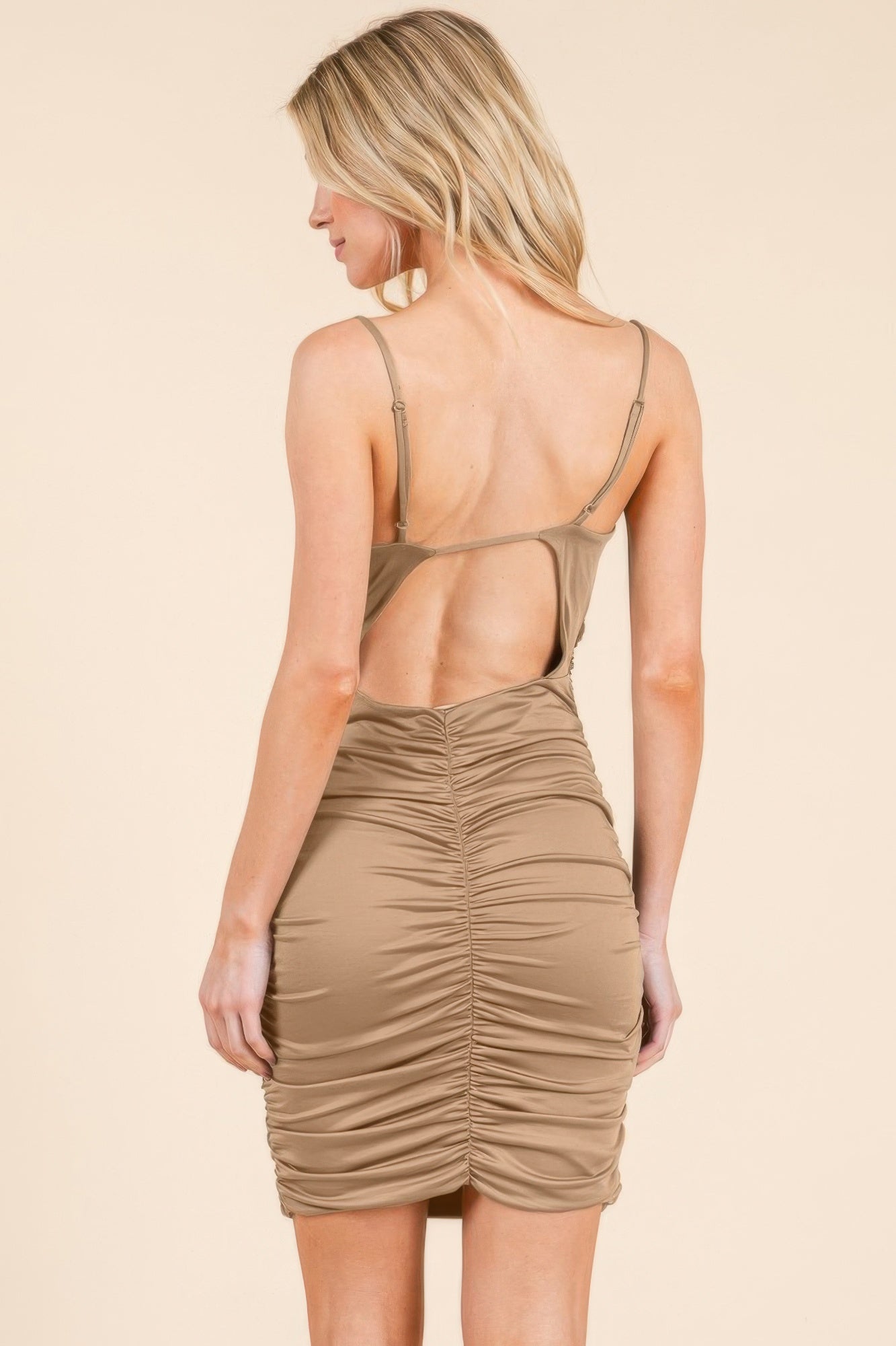 All Around Ruching Double Layered Open Back Dress | Tigbuls