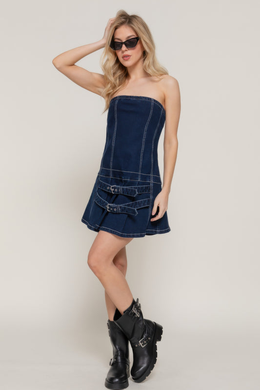 Strapless Stretch Denim Mini Pleats Dress - Tigbul's Variety Fashion Shop