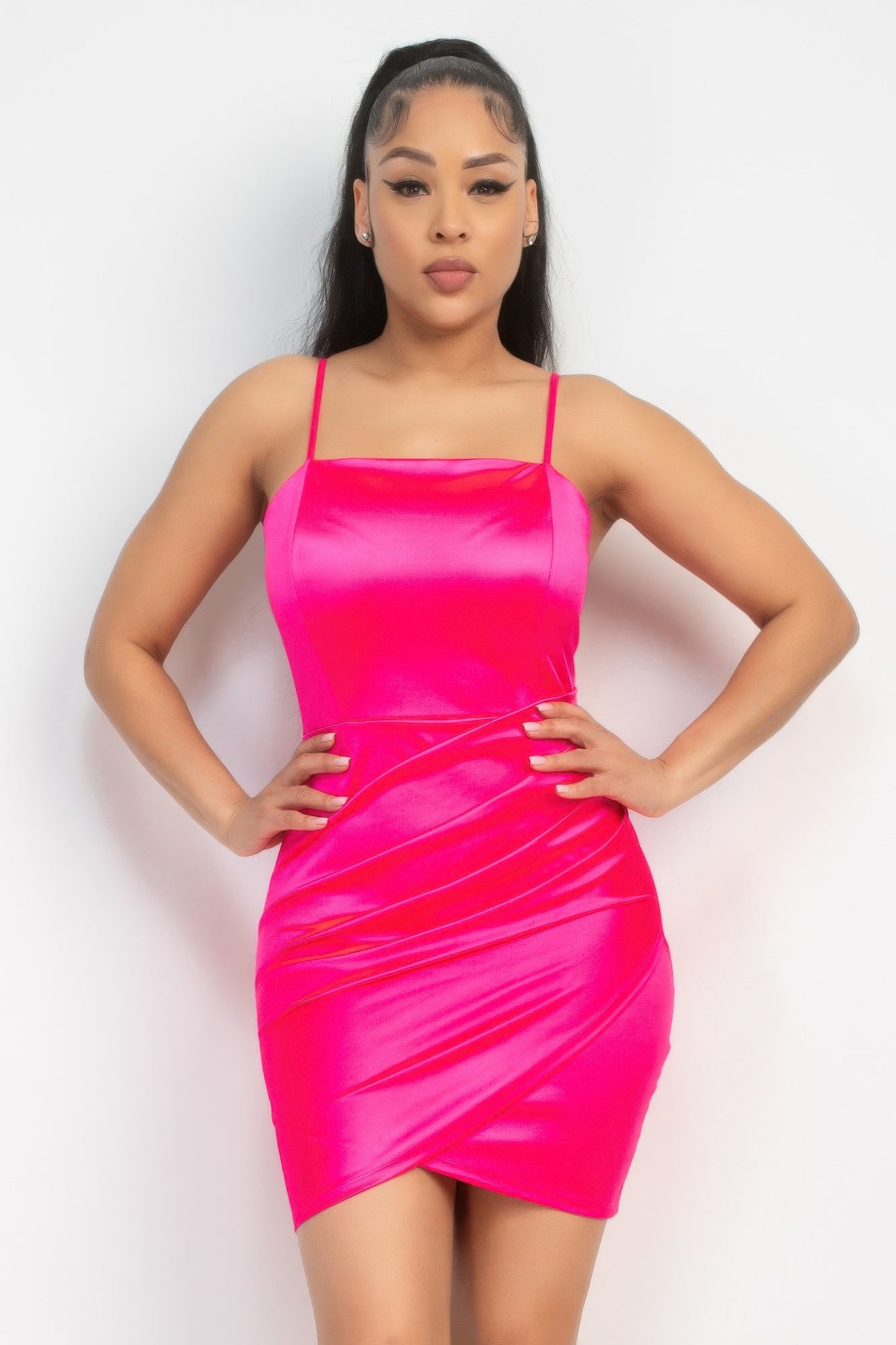 Overlapping Hem Shirred Satin Dress - Tigbul's Variety Fashion Shop