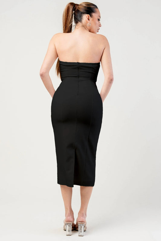 Thick Stretch Woven Sweetheart Neck Tube Midi Dress With Pocket Flap - Tigbul's Variety Fashion Shop