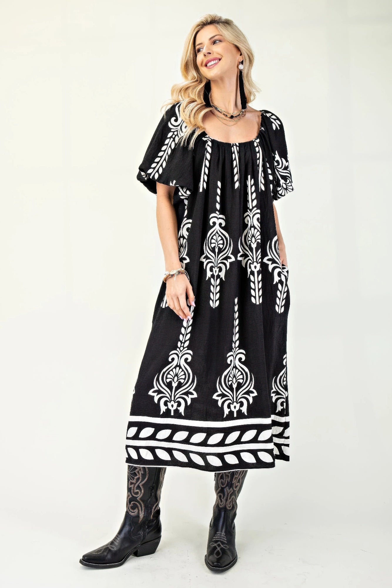 Printed Midi Dress With Short Puff Sleeves - Tigbul's Variety Fashion Shop